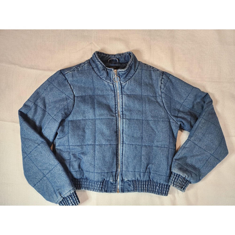 Haute Monde Women Quilted Denim Cropped Puffer Bomber Jacket Medium Wash Small